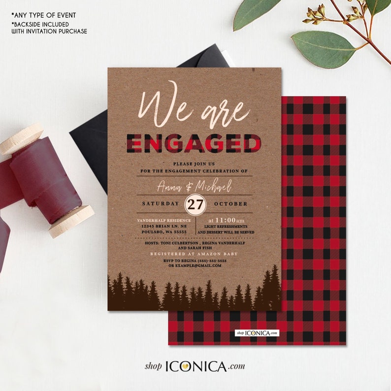 Lumberjack Engagement Party Invitation,Lumberjack Engagement cards,Buffalo check Invitation,We are engaged invitation Fall Engagement Party