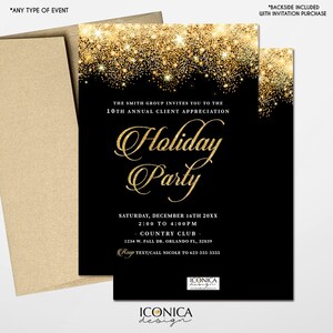 Holiday Party Invitations, New Year Eve Cards,Black and Gold Sparkles Invites, Printed Or Printable File, Free Shipping ISE0041