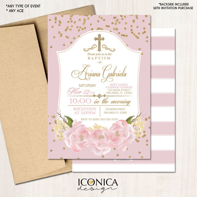 Baptism Invitation Gold & Pink Gold Glitter Floral Invite Pink Etsy