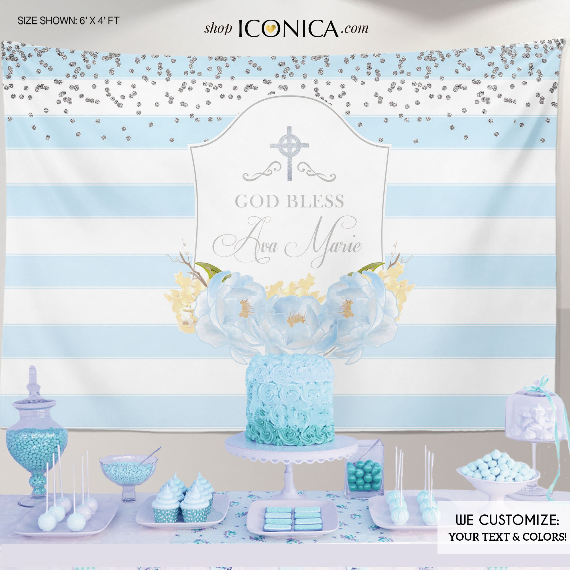 First Communion Banner,baptism Party Backdrop,striped Floral Baptism  Backdrop, Blue Peonies,printed or Printable File BAR0002 - Etsy, image size:2000x2000