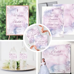 Eerste Communie Uitnodiging Meisje Lila Aquarel Elegante Eerste Communie Decoraties voor Meisje Evenement Papier Set, Eenvoudig en Elegant Decor