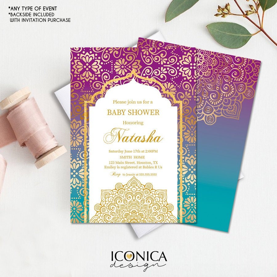 Moroccan Baby Shower Invitation Gold Purple And Teal Indian Party Moroccan Baby Shower Invitation Gold Purple And Teal Indian Party