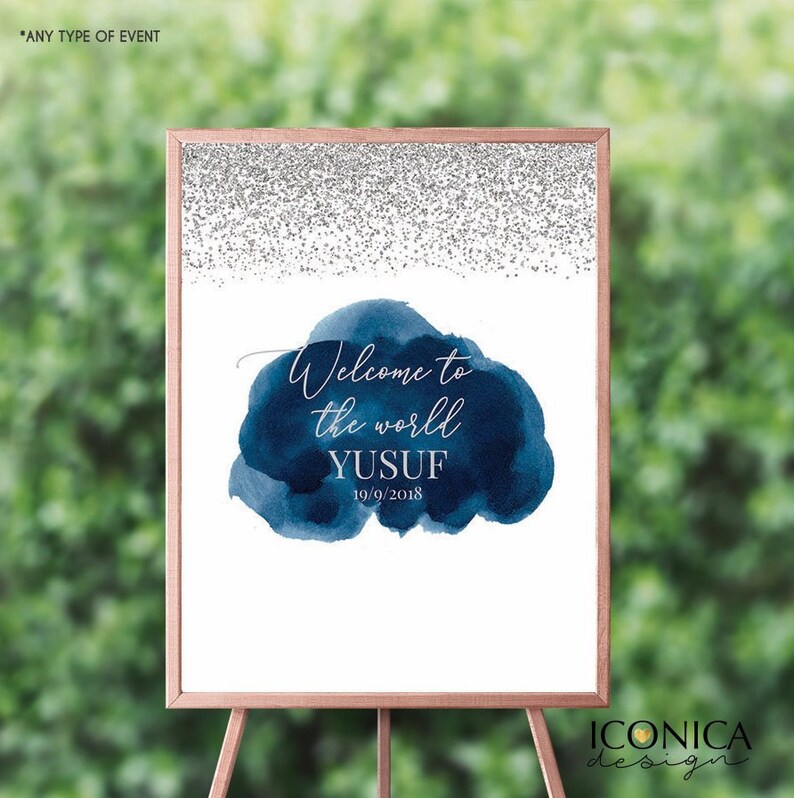Blue Welcome Sign Navy Blue Watercolor Welcome Sign Blue and Silver Welcome Baby Sign Printed Or Digital File Baby Boy Shower