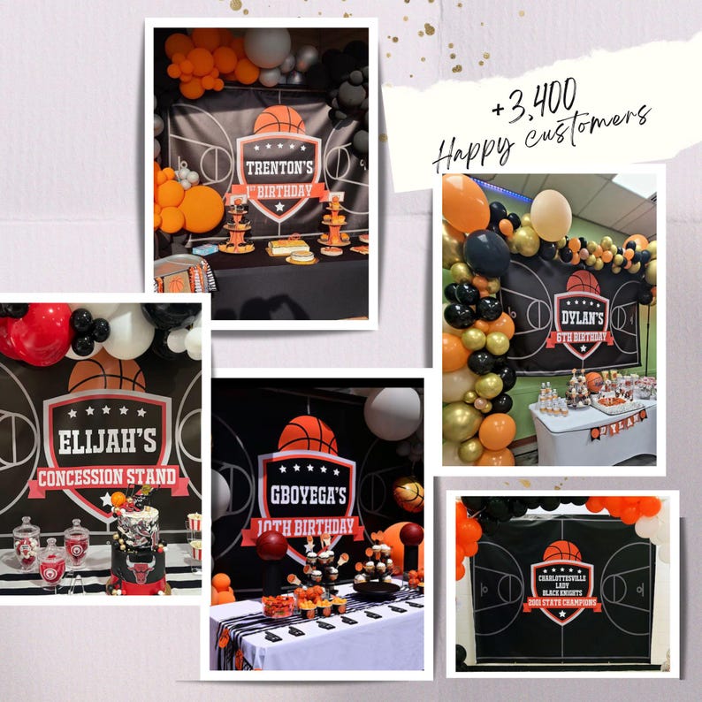 Pu&ograve; includere: Quattro fondali per feste di compleanno a tema basket con palloncini arancioni, neri e dorati. I fondali presentano un design da campo da basket con i nomi "Trenton's", "Elijah's", "Gboyaga's" e "Dylan's" insieme alle loro et&agrave;. I fondali sono decorati con palloni da basket e altre decorazioni a tema basket.