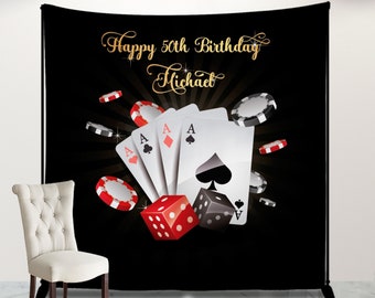 May include: Black backdrop with a gold inscription "Happy 50th Birthday Michael".  The background features a red and white casino chip, playing cards, and dice.