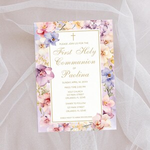 Erste Kommunion-Einladung für Mädchen, elegante Orchideen-Karten, lila Blumenmuster-Einladungen für spezielle Ereignisse, Konfirmation, Taufe