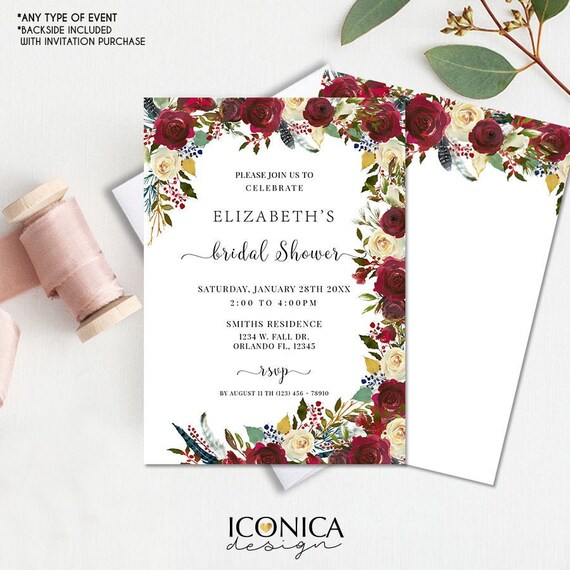 Boho Chic Bridal Shower Invitation Burgundy Red Floral and Navy Feathers Invitation Printed Cards or Electronic Invite {Cherish Collection} Il_570xn