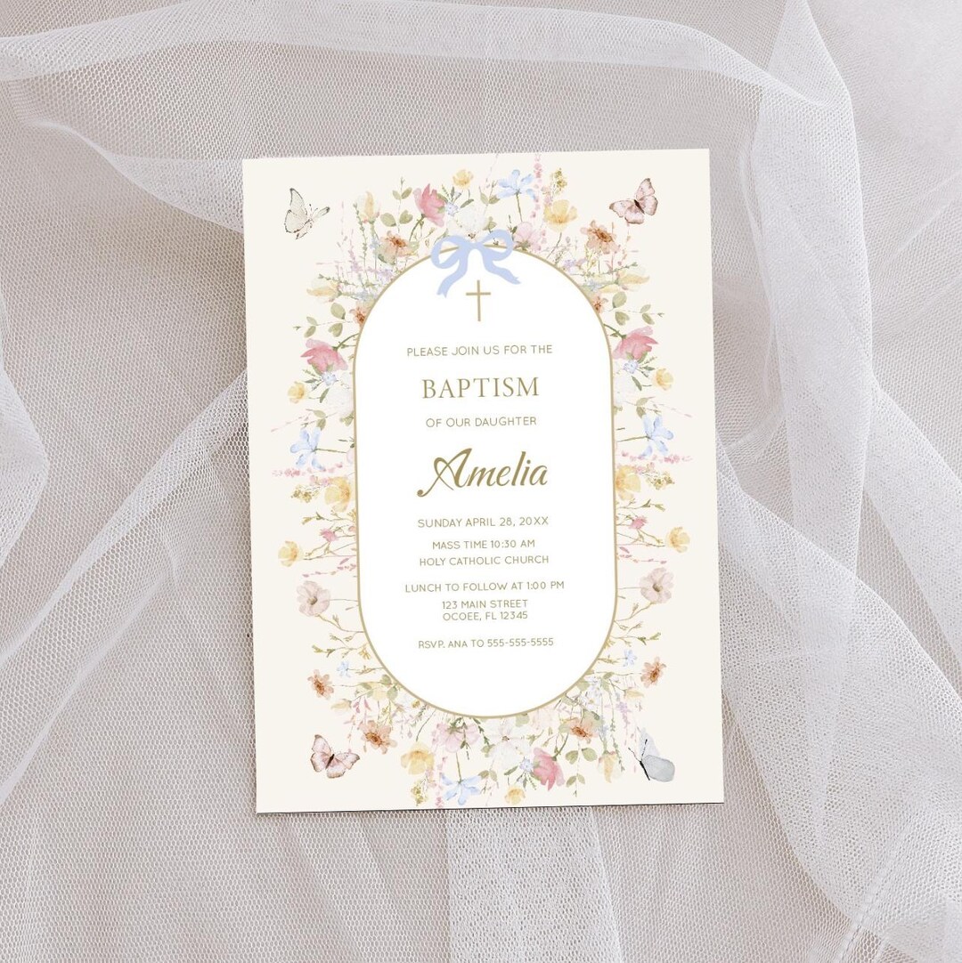 Wildflower First Communion Invitation, Butterfly and Bow Design ...