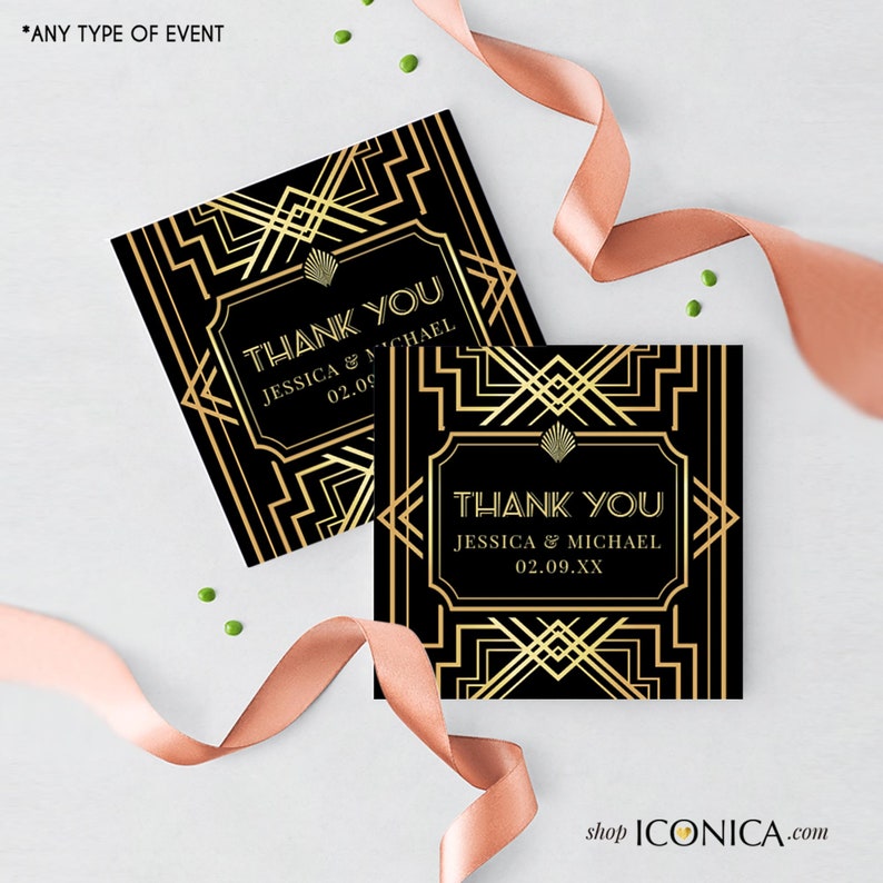 Roaring 20's Favor Tags, Great Gatsby Gifts Tags, Black and Gold Thank You Tags, Digital File Or Printed Gift Tags image 1
