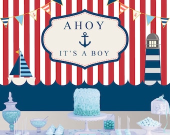 Fondo náutico para baby shower: ¡Ahoy, es un niño!, temática marinera (archivo digital)