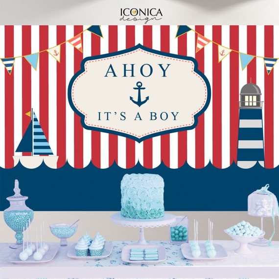 Nautical Baby Shower Backdrop 80x50 Ahoy It's A Boy Sailor Summer Party  Instant Download Printable Banner Digital File Bbs0021 