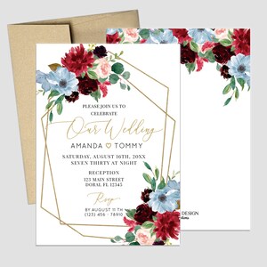 Invitation de mariage Automne Invitation Florale Blush Bourgogne et Bleu Poussiéreux Floral Design Cartes imprimées ou Invitation électronique