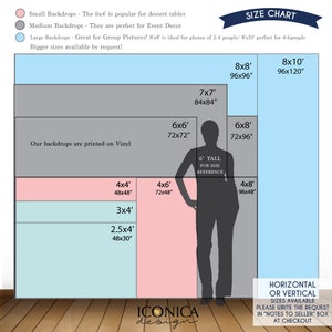 May include: Size chart for backdrops printed on vinyl. The chart shows different sizes in inches, including 2.5x4', 3x4', 4x4', 4x6', 6x6', 6x8', 7x7', 8x8', and 8x10'. The chart also includes a silhouette of a person standing 6 feet tall for size reference. The text "HORIZONTAL OR VERTICAL SIZES AVAILABLE PLEASE WRITE THE REQUEST IN "NOTES TO SELLER" BOX AT CHECKOUT" is at the bottom of the chart.