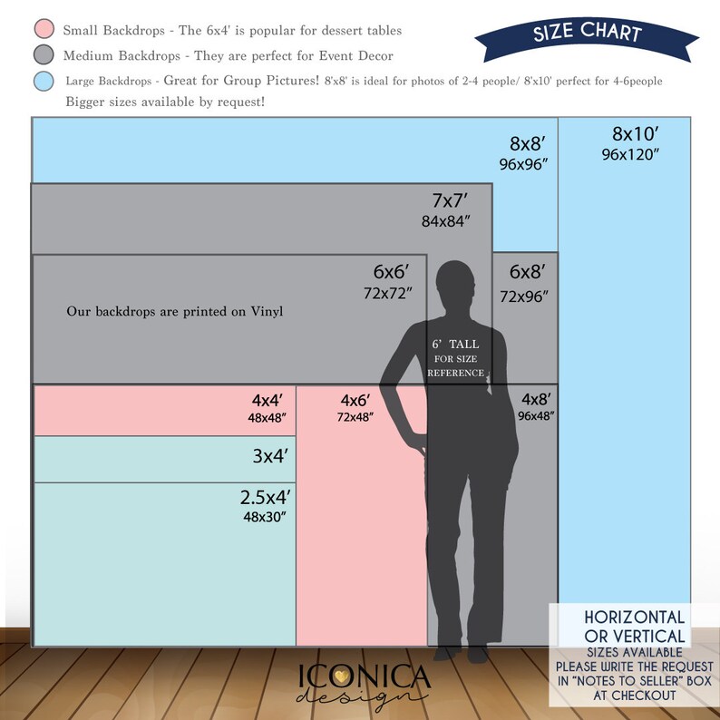 May include: Size chart for backdrops printed on vinyl. The chart shows different sizes in inches, including 2.5x4', 3x4', 4x4', 4x6', 6x6', 6x8', 7x7', 8x8', and 8x10'. The chart also includes a silhouette of a person standing 6 feet tall for size reference. The text "HORIZONTAL OR VERTICAL SIZES AVAILABLE PLEASE WRITE THE REQUEST IN "NOTES TO SELLER" BOX AT CHECKOUT" is at the bottom of the chart.