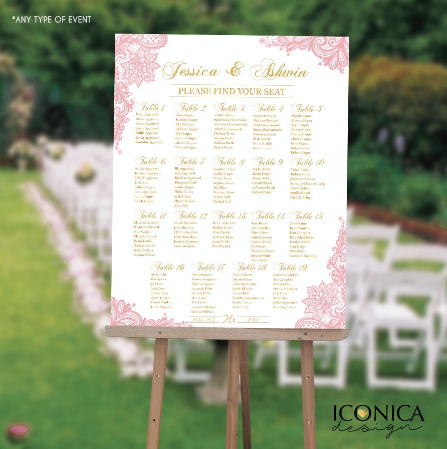 wedding seating chart board elegant pink gold lace wedding guest