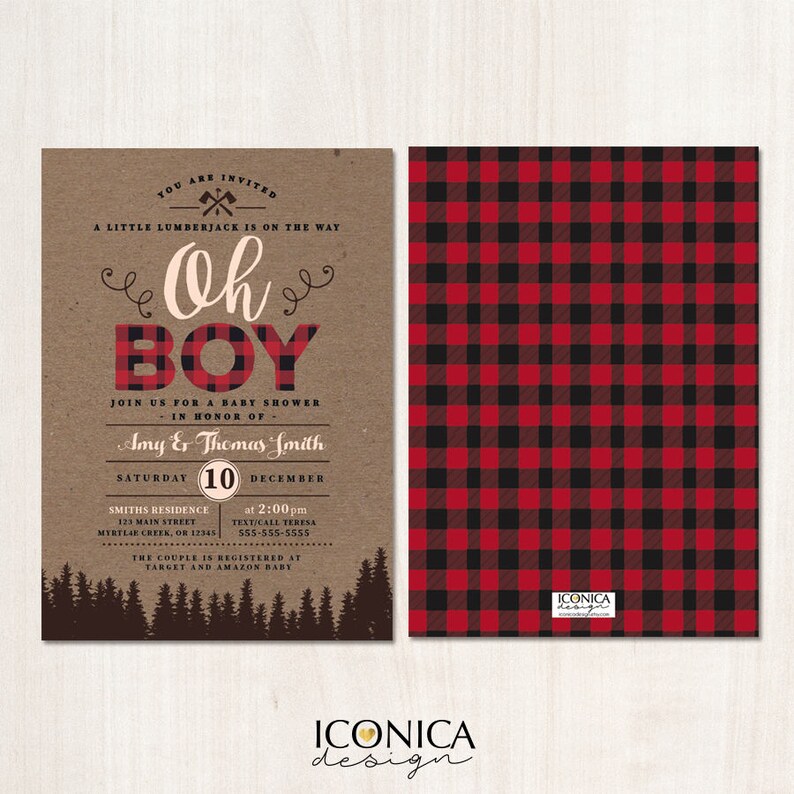 Lumberjack Baby Shower Invitation, Twin Baby Shower, Buffalo check Invitation, Oh Babies invitation, Baby Boy, Free Shipping IBS0026 image 7