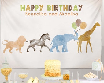 Safari Backdrop, Party Animals Backdrop, Safari Banner Jungle Animals Backdrop Watercolor Animals Banner Printed Or Digital File Bbd0053