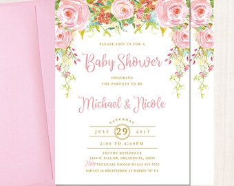 May include: A pink and white baby shower invitation with floral accents. The invitation reads "Please join us for a Baby Shower honoring the parents to be Michael & Nicole. Saturday, July 29, 2017, 2:00 to 4:00 PM. Smiths Residence, 1234 W. Fall Dr. Orlando FL, 32839. RSVP Text/Call Nicole to 623-555-5555. Emiley is registered at Babies "R" Us."