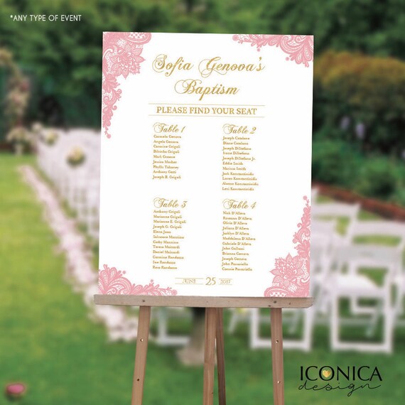 Baptism Seating Chart Board, Elegant Pink Gold Baptism, Lace Guest List Chart Seating Chart, Any Color, Template Or Printed Il_570xn