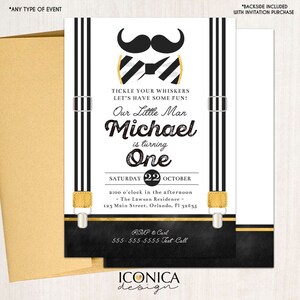 Little Man First Birthday Invitation Mustache Black and White Birthday Bowtie Party Any Age Printed or  Printable File Free Shipping IBD0019