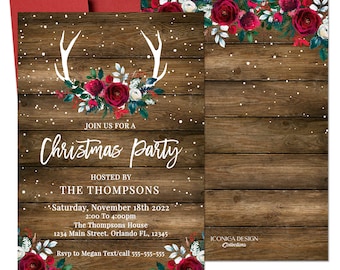 Christmas party Invitation Rustic Christmas Card Oh deer Invitation Red Floral Antler Card Christmas Party Invite Roses Christmas Invitation