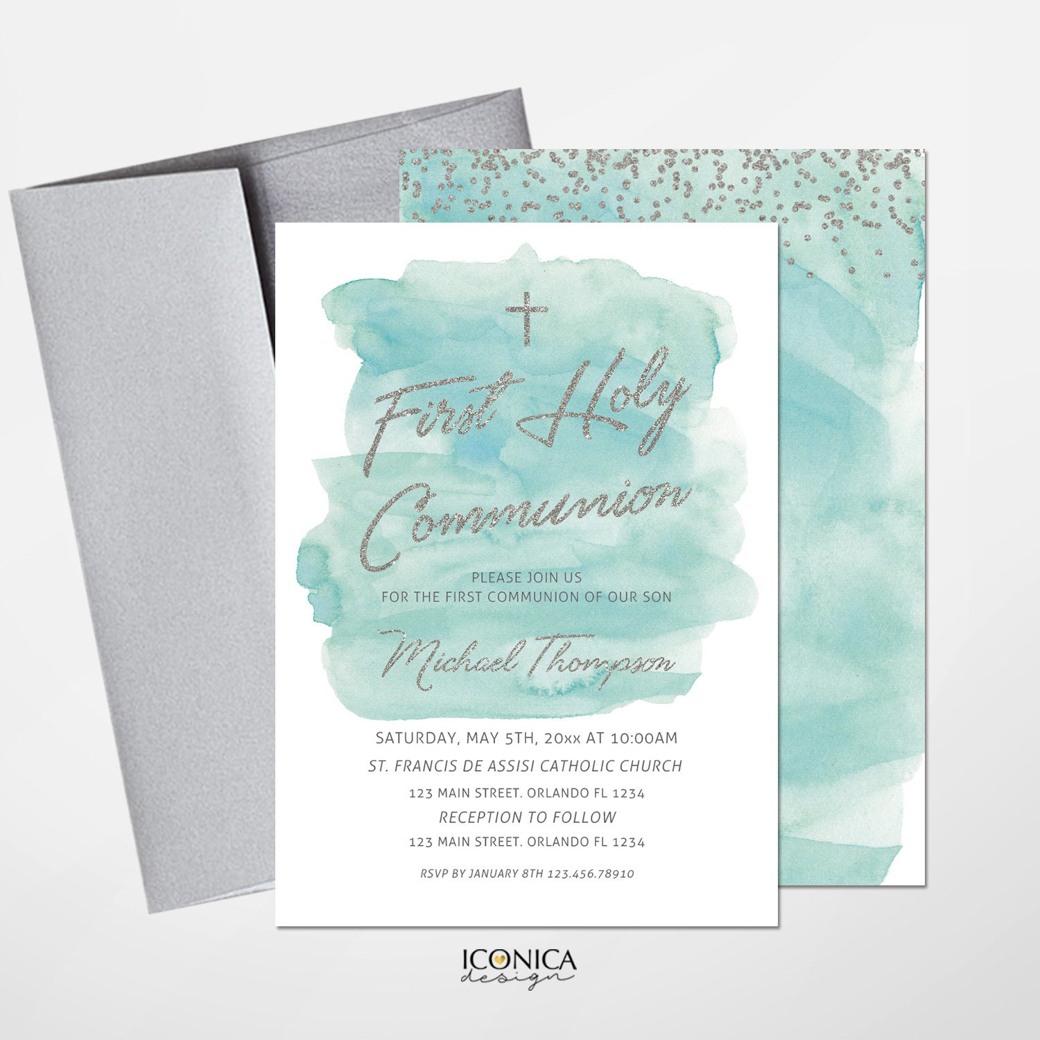 Communion Mint Mint Green First Communion Invitation, Faux Silver Glitter (printed or ...