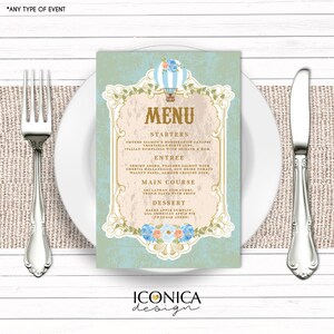 Hot Air balloon Menu Card - Vintage Printable Digital File or Printed Menus ||A la carte || Made to match any ID invitation - Free Shipping