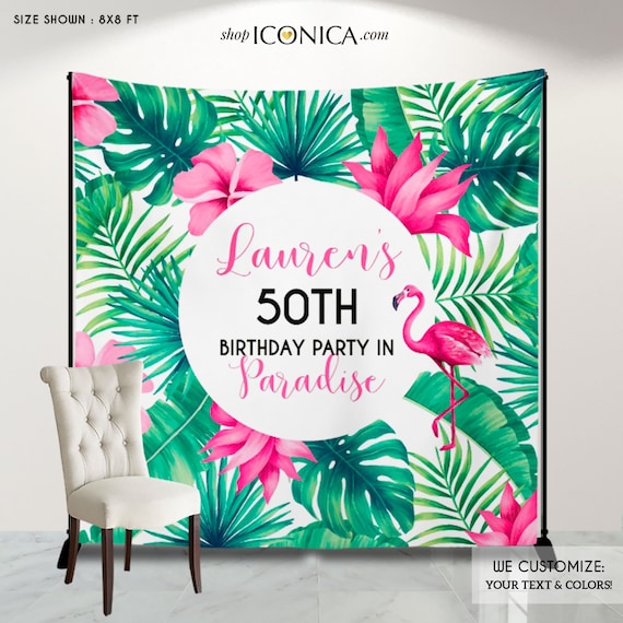 Tropical Backdrop Summer Birthday Photo Backdrop Personalized Flamingo Banner Luau 50th Birthday Backdrop Any age or occasion Il_570xn