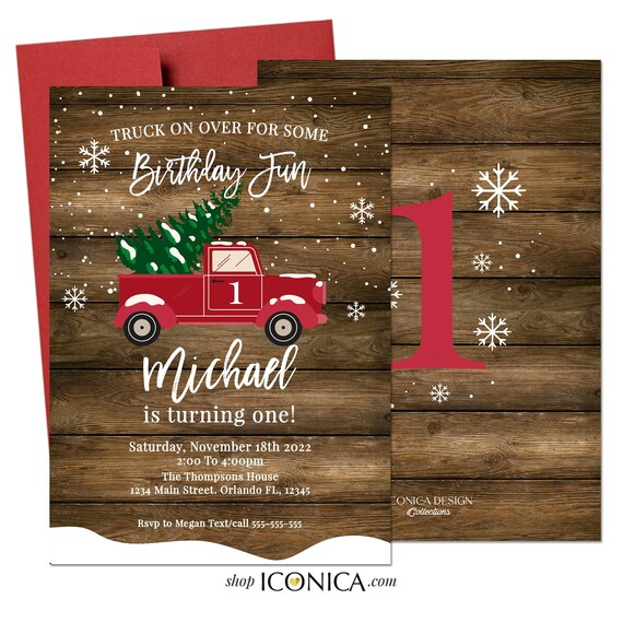 Christmas Birthday Invitation Red Truck Rustic party Winter Party Card Christmas Party invitation any age, Christmas Invite Il_570xn