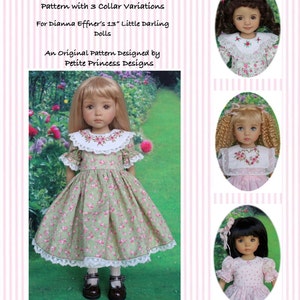 PDF Pattern Effner 13" Little Darling, "Heirloom Roses"; Puffed Sleeve Dress with 3 Collar Variations and Embroidery Designs