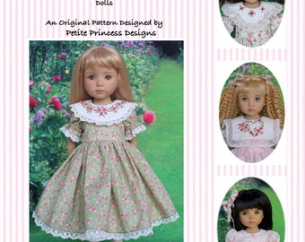 May include: A pattern for a 13-inch doll dress with puffed sleeves and three collar variations. The dress features a green floral print with white lace trim. The pattern is designed by Petite Princess Designs and includes step-by-step instructions.
