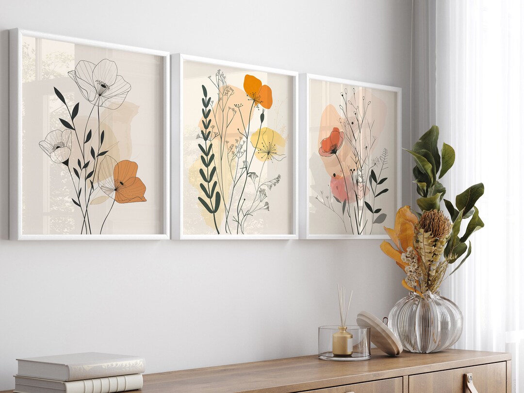 Minimalist Line Art Flowers Set of 3 | Botanical Wall Decor | Elegant ...