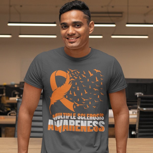 Men's Multiple Sclerosis Shirt MS Awareness T Shirt Orange Ribbon Feather Birds Hope  Tshirt Graphic Tee Streetwear Man Unisex