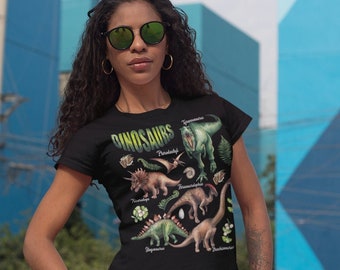 Women's Dinosaur T Shirt Watercolor Dinosaur Shirts Types Of Dinos Shirt Illustrated T Shirt TRex Ladies V-Neck Gift Idea
