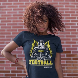 Women&#39;s Personalized Football T Shirt Custom Football Flames Player Frame Shirts Football Aunt Football Mom T Shirt Ladies Gift Idea