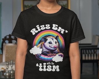 Kids Funny Autism Shirt Rizz Em' With The 'Tism TShirt Opossum Neurodivergent Colorful AuDHD ASD Child's Youth Unisex Tee