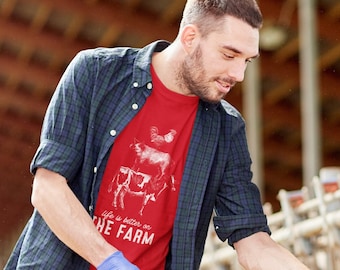 Men's Vintage Farm Shirt Life Is Better On Shirt Cow Pig Farmer Gift Idea Chicken Illustration Farming Agriculture Tee Unisex Man