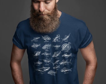 Men's Ocean Fish Shirt Types Fish T-Shirt Fisherman Gift Idea Angler Fishing Reference Tee Unisex Man