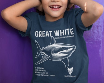 Kids Great White Shark Shirt Facts T Shirt Ocean Fish TShirts Sea Ocean Marine Biologist Gift Idea Boy's Girl's Youth Unisex Tee