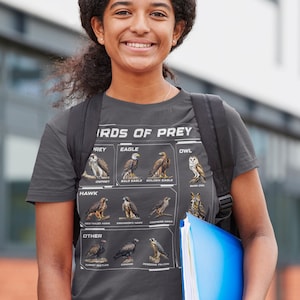 Kids Bird Shirt Prey Hawk Owl Eagle Types Bird Condor Falcon Gift Forest Bird Watcher Illustration Graphic Tee Youth Unisex