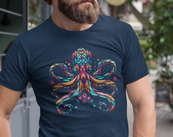 Mens Octopus T Shirt Illustrated Vintage Hipster Shirts Octopus Geometric Cool Graphic Tee Man Gift Idea Ocean Creature Abstract Digital Art