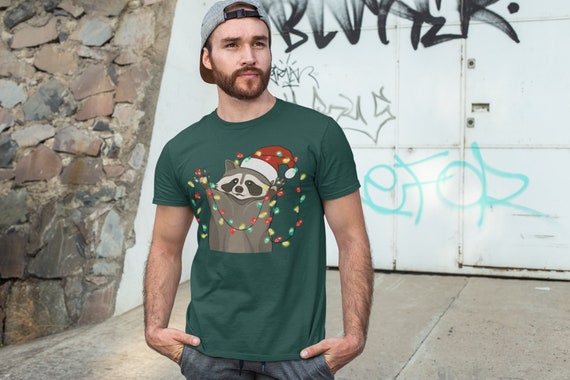 Men's Christmas Shirt Racoon XMas Lights T Shirt Cute Tee Tree Lights Santa Hat Animal Holiday Funny Graphic Tshirt Trash Panda Unisex Man