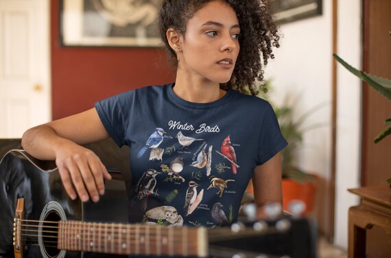 Women's Bird Shirt Winter Birds T Shirt Cardinal Blue Jay Woodpecker TShirt Bird Watcher Gift Forest Junco Chickadee Graphic Tee Ladies