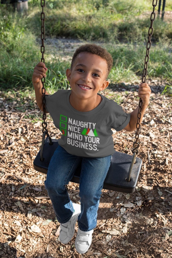Kids Funny Christmas T Shirt Holiday Shirt Naughty Nice Mind Your Business TShirts List Xmas Santa Graphic Tee Boy's Girl's Youth Unisex