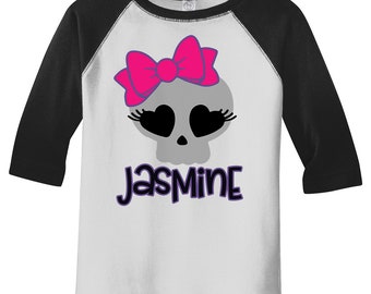 Toddler Girl's Personalized Halloween T Shirt 3/4 Sleeve Raglan Cute Skull Bow Custom Shirts