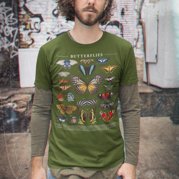 Men's Butterfly T Shirt Butterflies Shirts Types Of Insects Bugs Shirt Illustrated T Shirt Butterfly Unisex Soft Tee Gift Idea