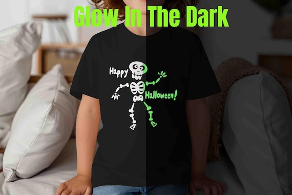 Kids Glow In The Dark Halloween Shirt Skeleton GITD Happy T Shirt Dancing Bones Skeleton Gift Glowing Hipster Cool Tee Unisex Youth