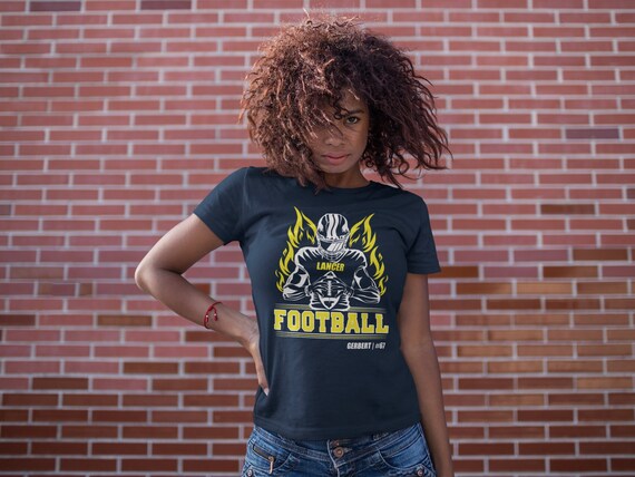 Women's Personalized Football T Shirt Custom Football Flames Player Frame Shirts Football Aunt Football Mom T Shirt Ladies Gift Idea