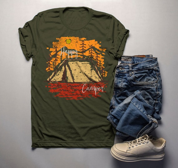 Men's Happy Camper T Shirt Fall Camping Camp Tent Illustration Forest Graphic Tee