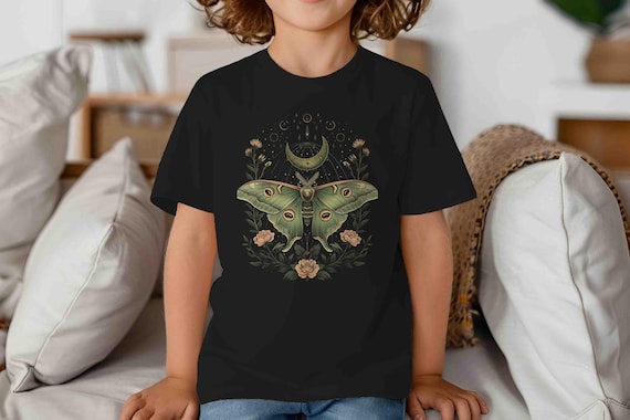 Kids Lunar Moth T Shirt Cottage Core Celestial Shirts Luna Witch Cottagecore Shirt Illustrated T Shirt Unisex Moth Entomology Tee Gift Idea